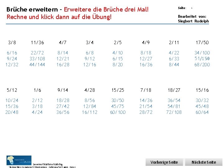 Übungsart: Brüche erweitern – Erweitere die Brüche drei Mal! Rechne und klick dann auf