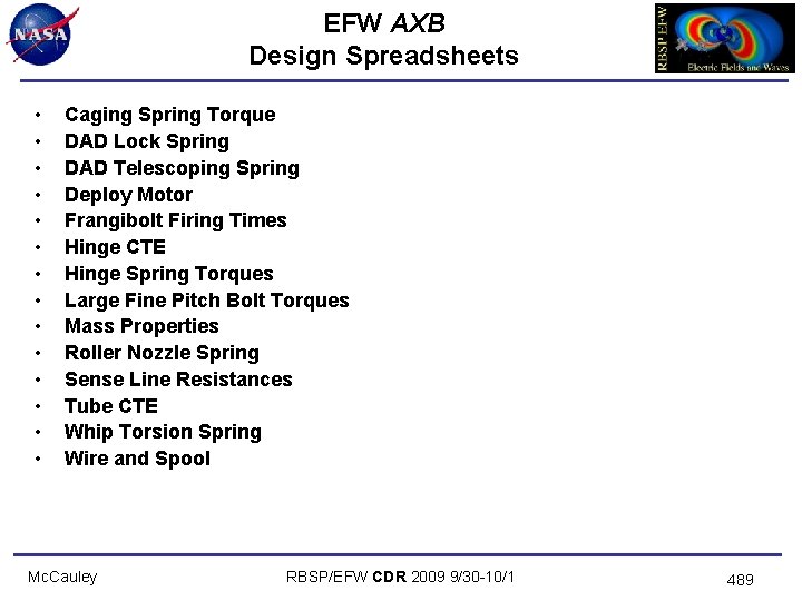 EFW AXB Design Spreadsheets • • • • Caging Spring Torque DAD Lock Spring