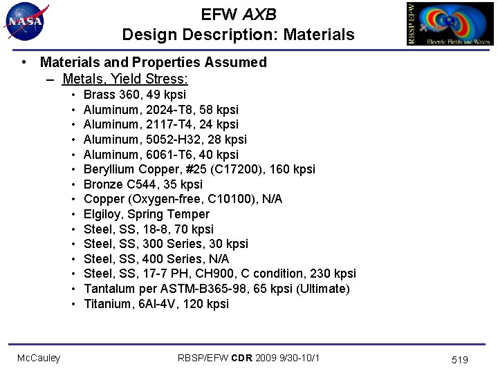 EFW AXB Design Description: Materials • Materials and Properties Assumed – Metals, Yield Stress: