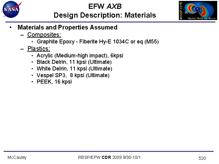 EFW AXB Design Description: Materials • Materials and Properties Assumed – Composites: • Graphite