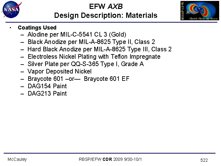 EFW AXB Design Description: Materials • Coatings Used – – – – – Mc.