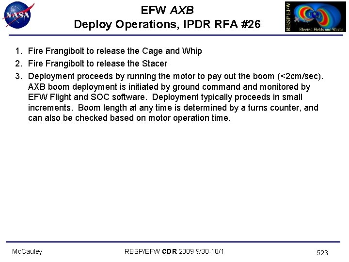 EFW AXB Deploy Operations, IPDR RFA #26 1. Fire Frangibolt to release the Cage