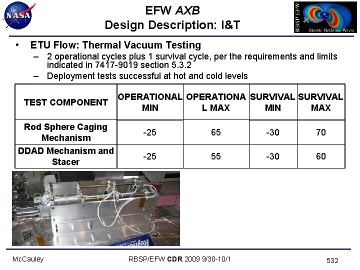 EFW AXB Design Description: I&T • ETU Flow: Thermal Vacuum Testing – 2 operational