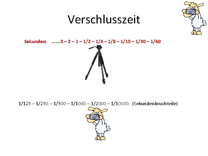 Verschlusszeit Sekunden: ……. 3 – 2 – 1/2 – 1/4 – 1/8 – 1/15