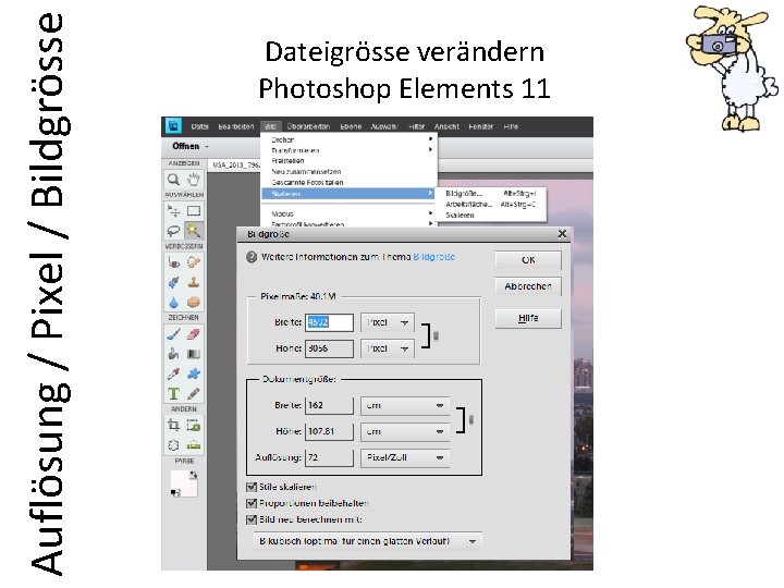 Auflösung / Pixel / Bildgrösse Dateigrösse verändern Photoshop Elements 11 