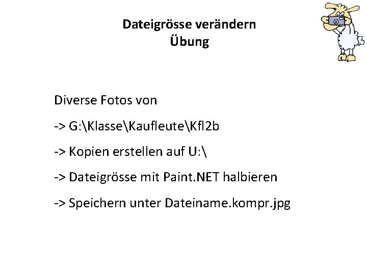 Dateigrösse verändern Übung Diverse Fotos von -> G: KlasseKaufleuteKfl 2 b -> Kopien erstellen