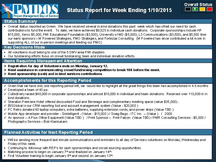 Overall Status Report for Week Ending 1/10/2015 X Status Summary § Overall status reported