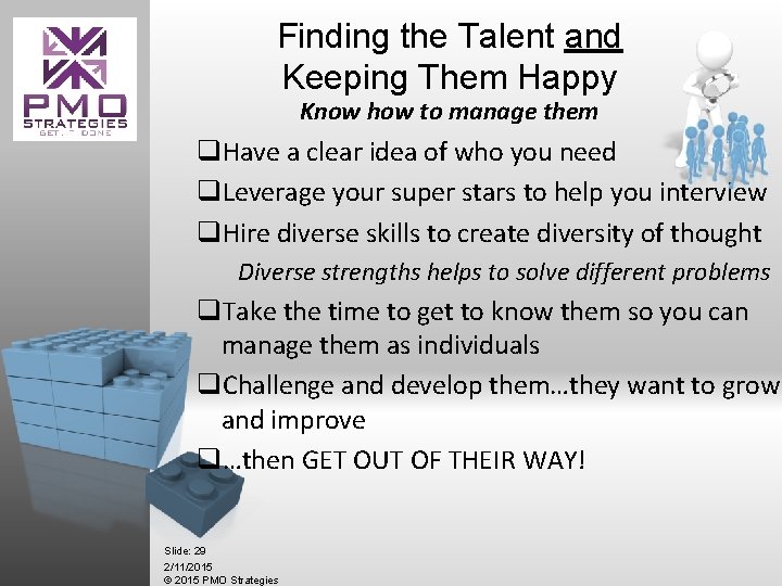 Finding the Talent and Keeping Them Happy Know how to manage them q. Have