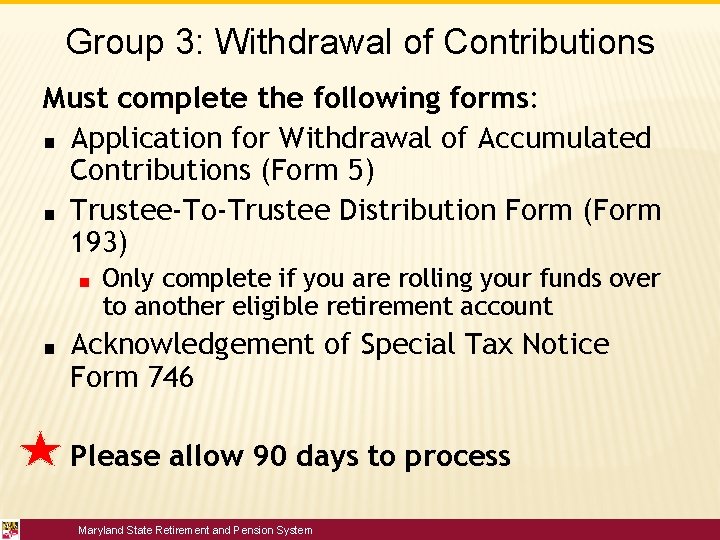Group 3: Withdrawal of Contributions Must complete the following forms: ■ Application for Withdrawal