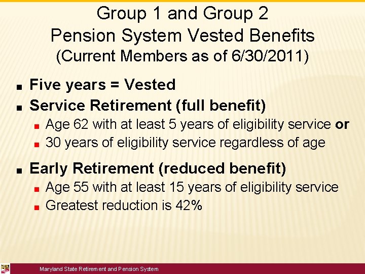 Group 1 and Group 2 Pension System Vested Benefits (Current Members as of 6/30/2011)