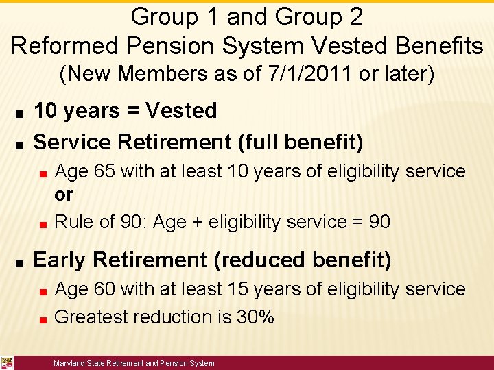 Group 1 and Group 2 Reformed Pension System Vested Benefits (New Members as of