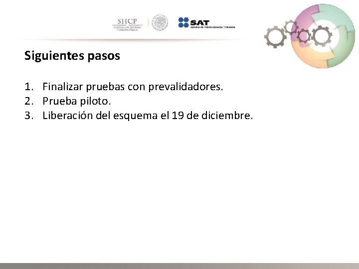 Siguientes pasos 1. Finalizar pruebas con prevalidadores. 2. Prueba piloto. 3. Liberación del esquema