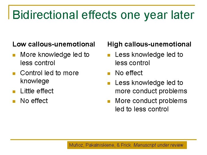 Bidirectional effects one year later Low callous-unemotional n n More knowledge led to less