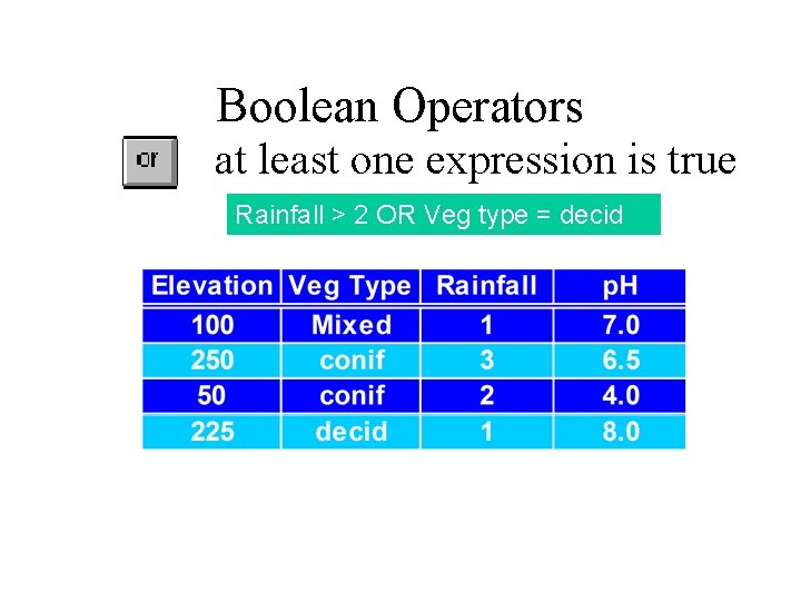 Boolean Operators at least one expression is true Rainfall > 2 OR Veg type
