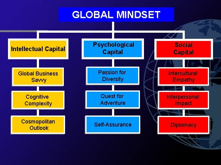 GLOBAL MINDSET Intellectual Capital Psychological Capital Social Capital Global Business Savvy Passion for Diversity