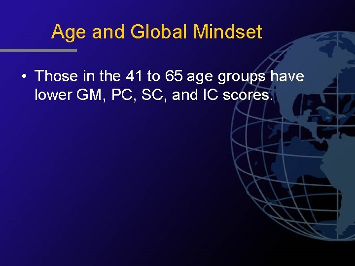 Age and Global Mindset • Those in the 41 to 65 age groups have