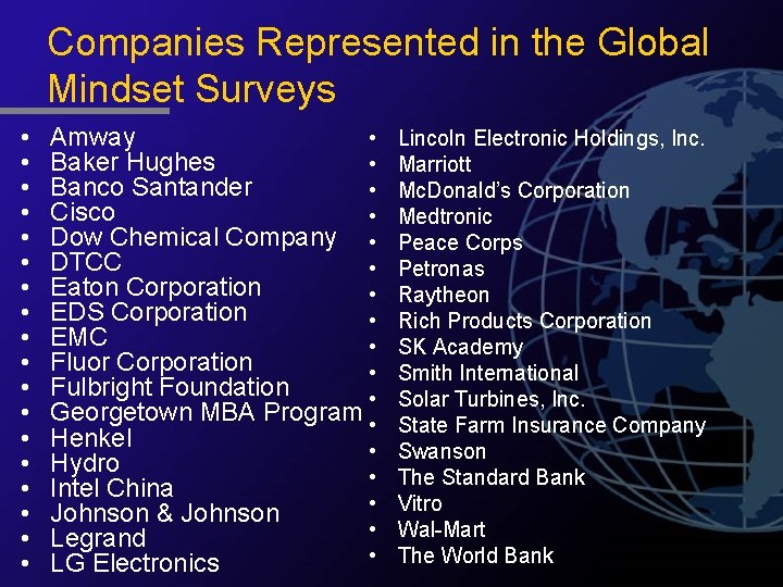 Companies Represented in the Global Mindset Surveys • • • • • Amway •