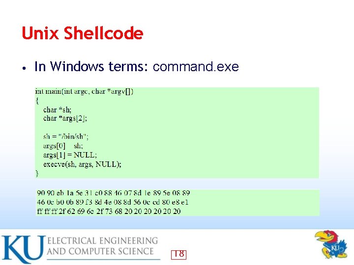 Unix Shellcode • In Windows terms: command. exe 18 
