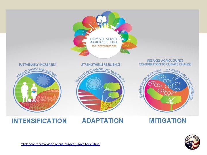INTENSIFICATION ADAPTATION Click here to view video about Climate Smart Agriculture MITIGATION 