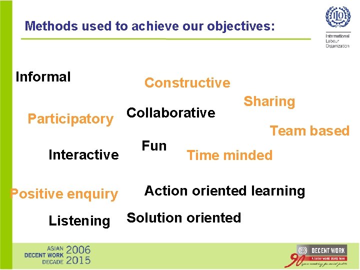 Methods used to achieve our objectives: Informal Constructive Participatory Collaborative Interactive Positive enquiry Listening