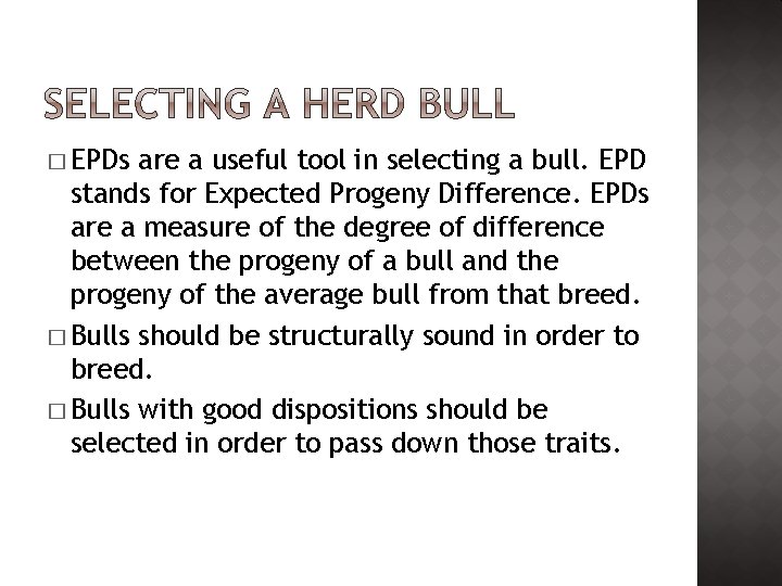 � EPDs are a useful tool in selecting a bull. EPD stands for Expected