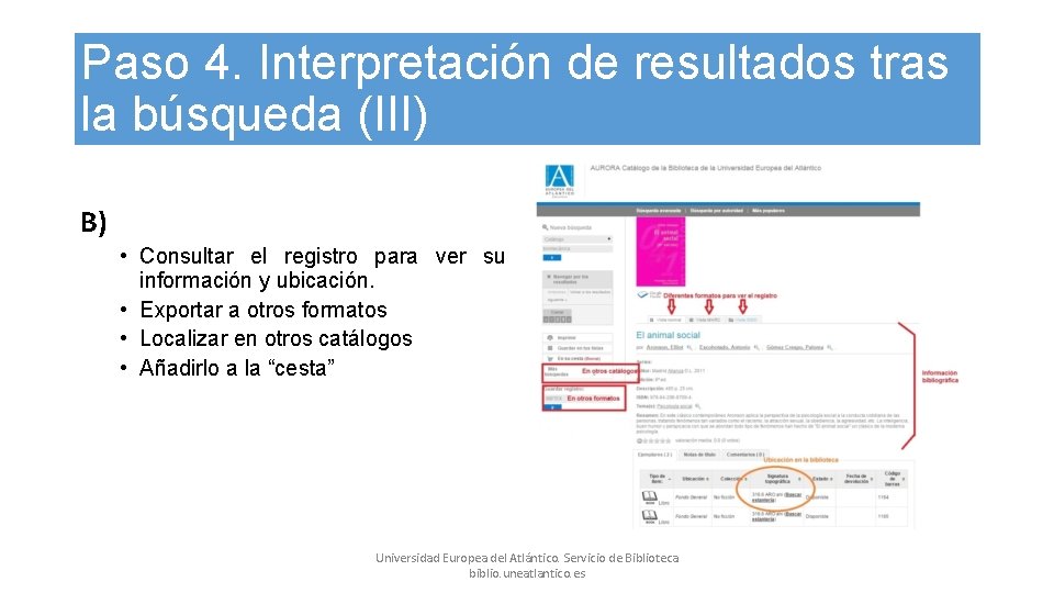 Paso 4. Interpretación de resultados tras la búsqueda (III) B) • Consultar el registro Paso 4. Interpretación de resultados tras la búsqueda (III) B) • Consultar el registro