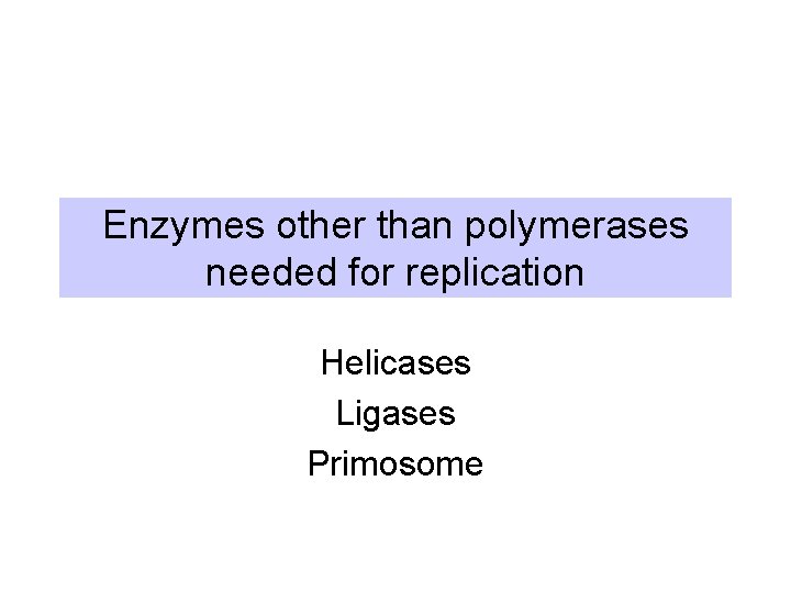 Enzymes other than polymerases needed for replication Helicases Ligases Primosome 