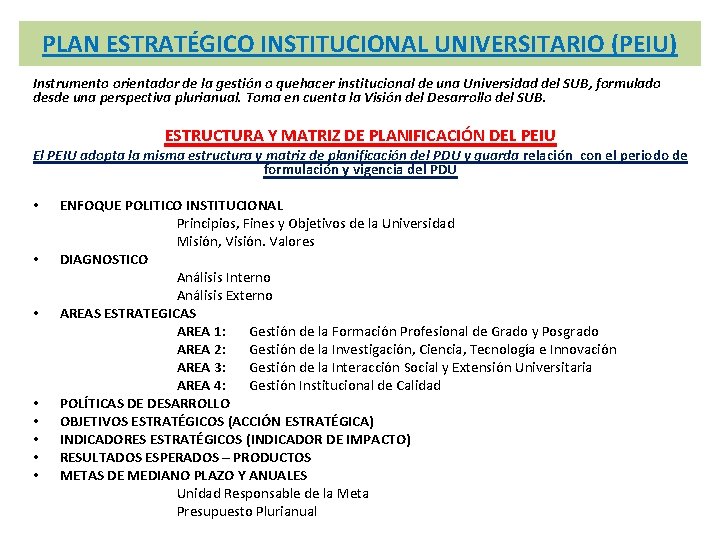 PLAN ESTRATÉGICO INSTITUCIONAL UNIVERSITARIO (PEIU) Instrumento orientador de la gestión o quehacer institucional de