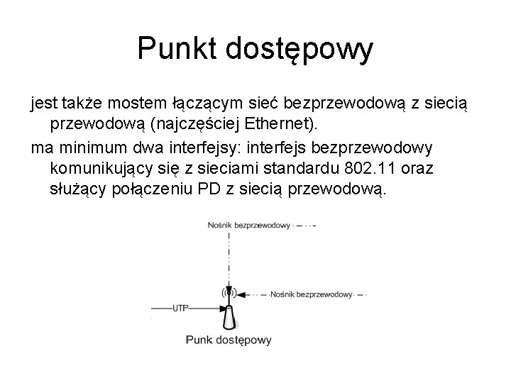 Punkt dostępowy jest także mostem łączącym sieć bezprzewodową z siecią przewodową (najczęściej Ethernet). ma