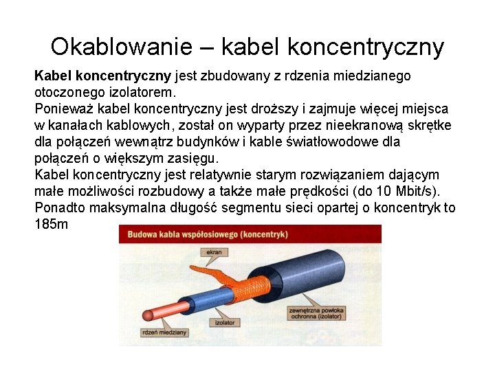 Okablowanie – kabel koncentryczny Kabel koncentryczny jest zbudowany z rdzenia miedzianego otoczonego izolatorem. Ponieważ