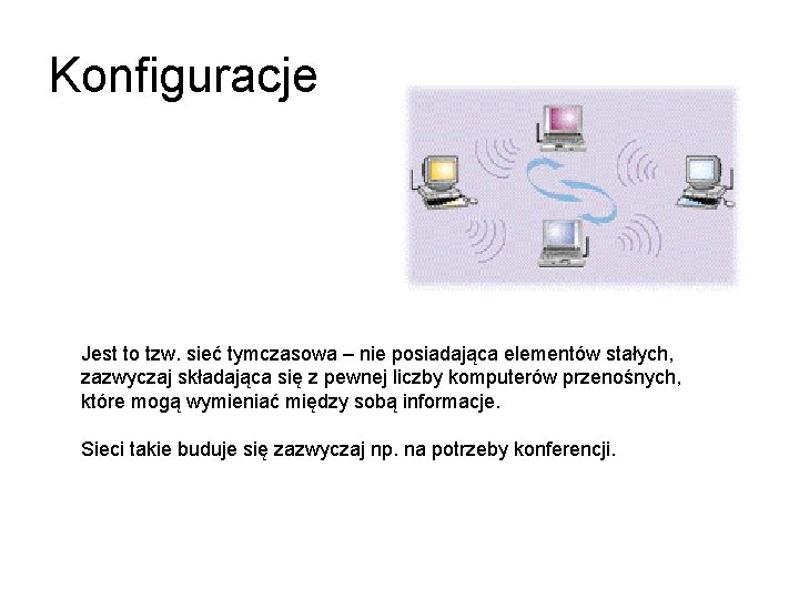 Konfiguracje Jest to tzw. sieć tymczasowa – nie posiadająca elementów stałych, zazwyczaj składająca się