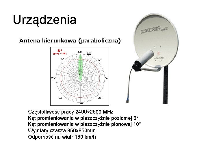 Urządzenia Antena kierunkowa (paraboliczna) Częstotliwość pracy 2400÷ 2500 MHz Kąt promieniowania w płaszczyźnie poziomej