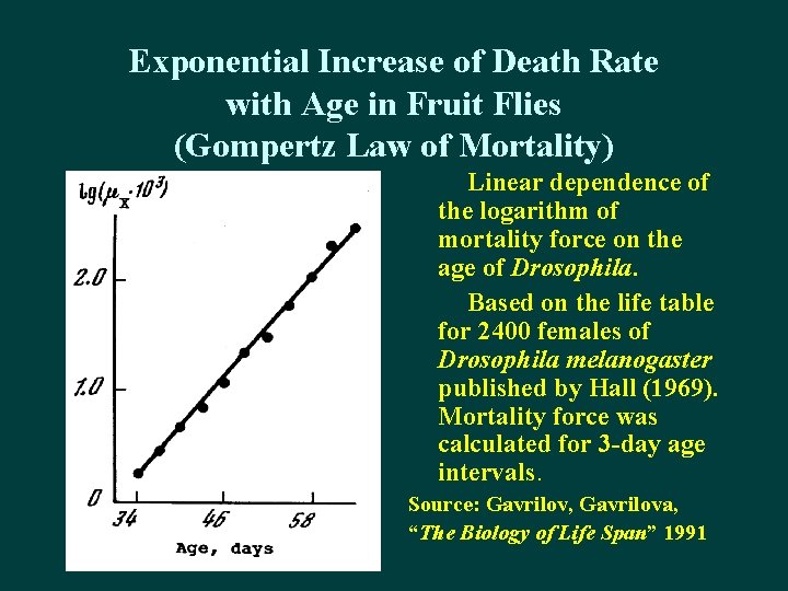 Exponential Increase of Death Rate with Age in Fruit Flies (Gompertz Law of Mortality)