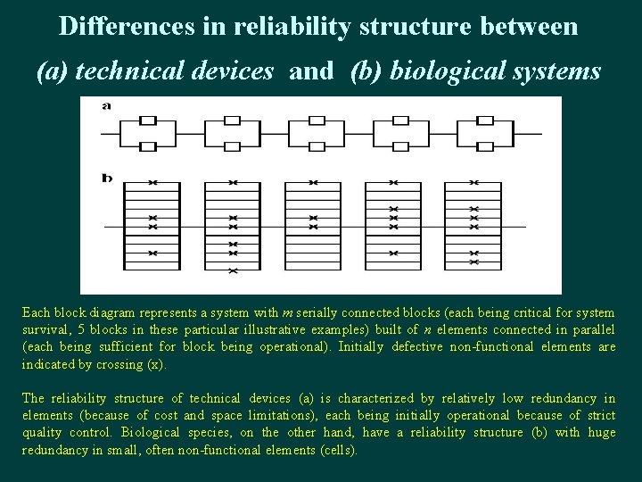 Differences in reliability structure between (a) technical devices and (b) biological systems Each block