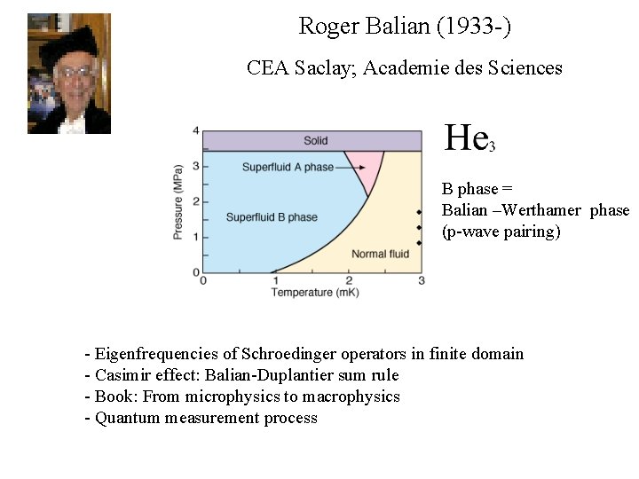 Roger Balian (1933 -) CEA Saclay; Academie des Sciences B phase = Balian –Werthamer