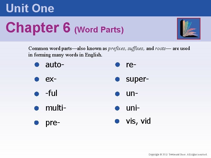 Unit One Chapter 6 (Word Parts) Common word parts—also known as prefixes, suffixes, and