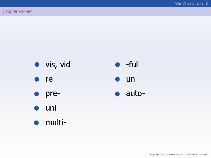 Unit One / Chapter 6 Chapter Review vis, vid -ful re- un- pre- auto-