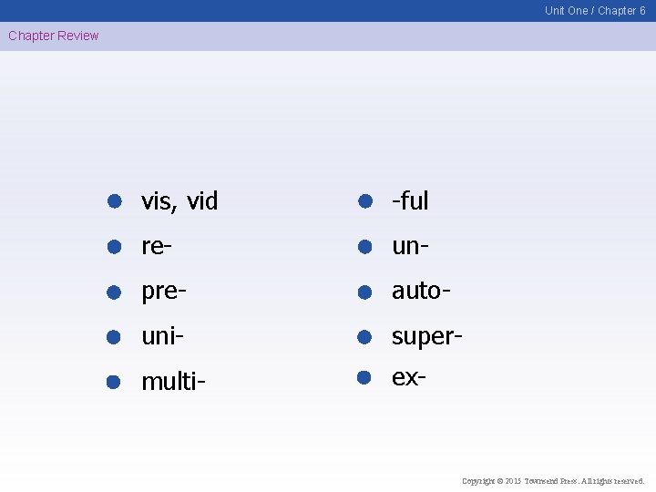 Unit One / Chapter 6 Chapter Review vis, vid -ful re- un- pre- auto-