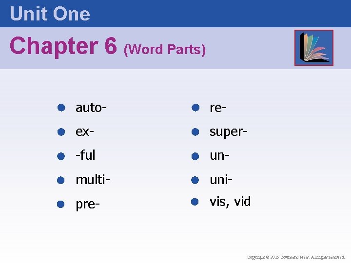 Unit One Chapter 6 (Word Parts) auto- re- ex- super- -ful un- multi- uni-
