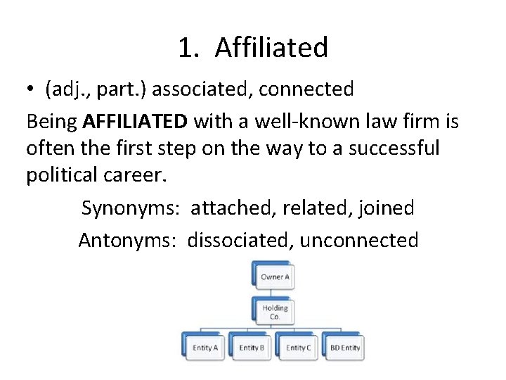 1. Affiliated • (adj. , part. ) associated, connected Being AFFILIATED with a well-known