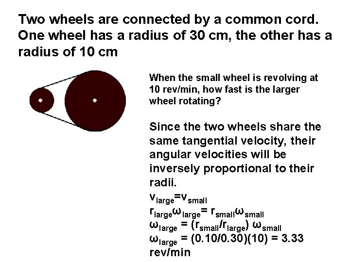 Two wheels are connected by a common cord. One wheel has a radius of