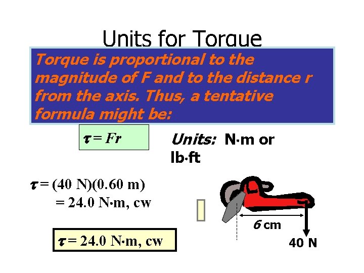 Units for Torque is proportional to the magnitude of F and to the distance