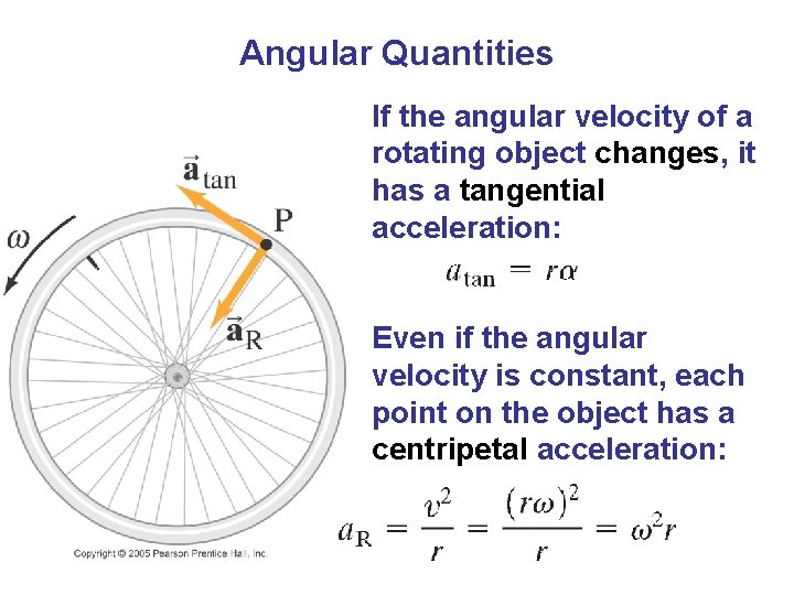 Angular Quantities If the angular velocity of a rotating object changes, it has a