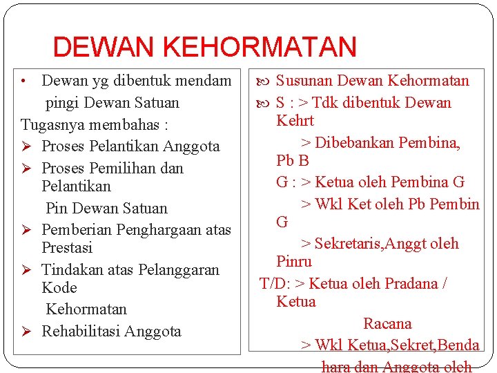 DEWAN KEHORMATAN Dewan yg dibentuk mendam pingi Dewan Satuan Tugasnya membahas : Ø Proses DEWAN KEHORMATAN Dewan yg dibentuk mendam pingi Dewan Satuan Tugasnya membahas : Ø Proses