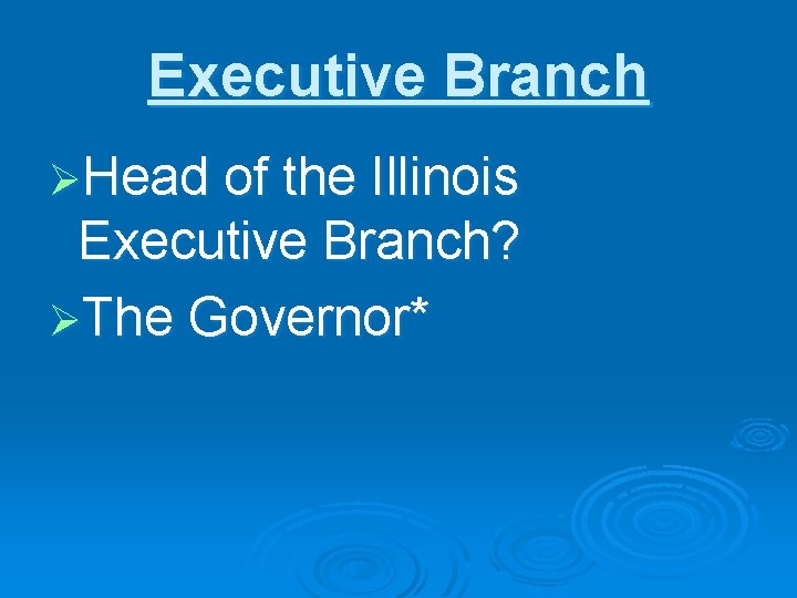 Executive Branch ØHead of the Illinois Executive Branch? ØThe Governor* 