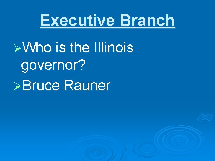 Executive Branch ØWho is the Illinois governor? ØBruce Rauner 