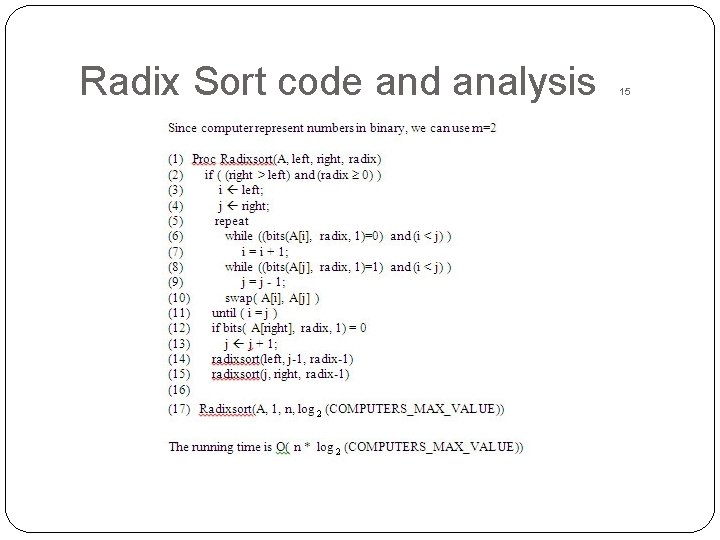 Radix Sort code and analysis 15 Radix Sort code and analysis 15