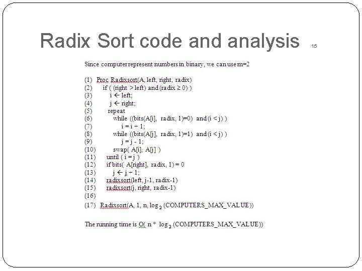 Radix Sort code and analysis 15 