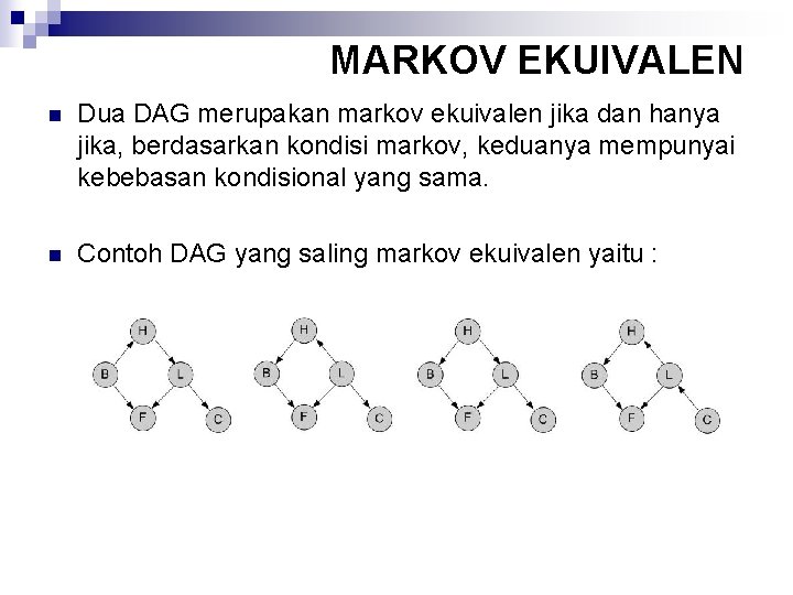 MARKOV EKUIVALEN n Dua DAG merupakan markov ekuivalen jika dan hanya jika, berdasarkan kondisi