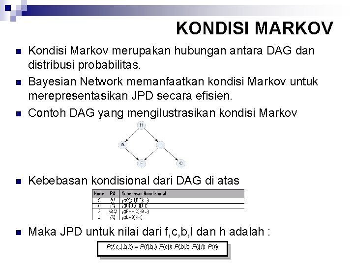 KONDISI MARKOV n Kondisi Markov merupakan hubungan antara DAG dan distribusi probabilitas. Bayesian Network